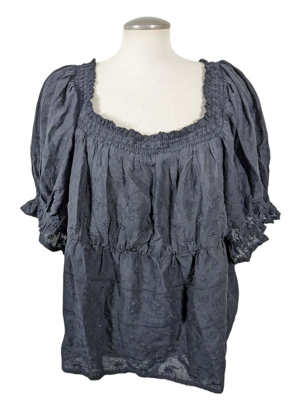 Old Navy Square Neck Smocked Ruched Puff Short Sleeve Peasant Floral Embroidered